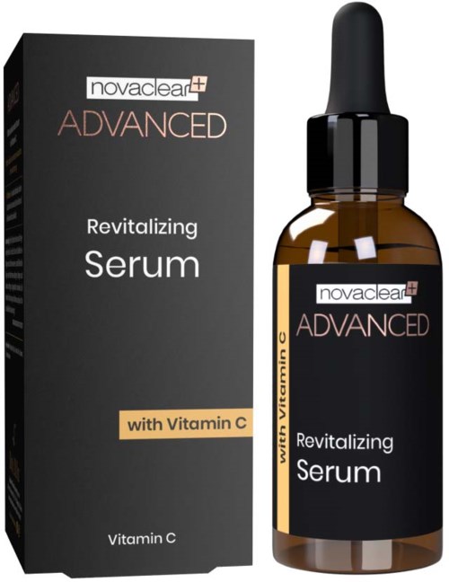 A dark amber bottle of Revitalizing Serum next to a black box. Both display the brand 'novaclear+' and label 'ADVANCED'.