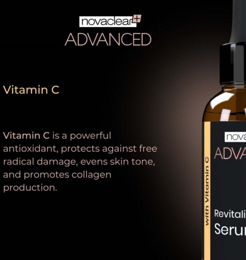 A skincare serum bottle labeled 'Vitamin C' from NovaClear Advanced skincare product line.