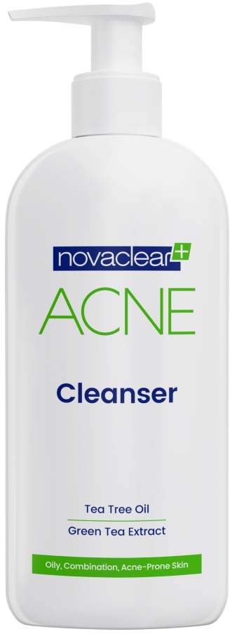 A white bottle of acne face wash with pump, labeled with ingredients like tea tree oil and green tea extract.