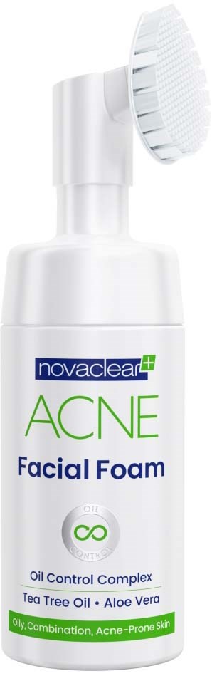 A white bottle of acne facial foam with a brush handle on top, labeled with green and blue text, and ingredients listed.