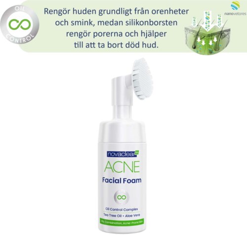 A facial foam bottle labeled for acne, with a brush-like top and green and white design.