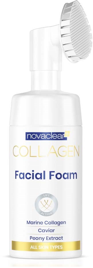 Eine weiße Flasche mit Reinigungscreme für das Gesicht und einem Bürstenkopf, beschriftet 'novaclear Collagen Facial Foam' für alle Hauttypen.