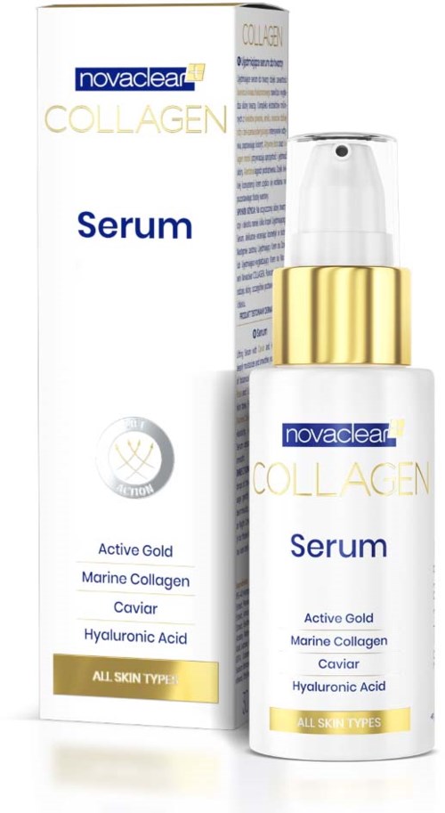 Eine Hautserumflasche mit goldenem und weißem Design, marked NovaCear Collagen Serum, geeignet für alle Hauttypen.