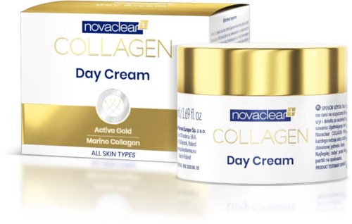 A box and jar of Novaclear Collagen Day Cream, gold and white design, for all skin types, with active gold and marine collagen.