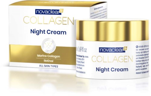 A box and jar of Novaclear Collagen Night Cream with gold and white packaging, for all skin types.
