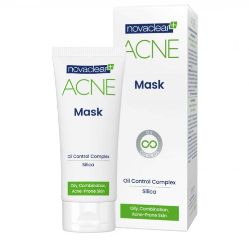En tub och förpackning av akne mask med etiketter för olje- och aknebenägen hud.