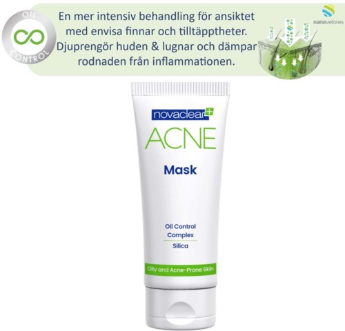 Hudvårdsprodukt mot acne som innehåller silikon för oljig, aknebenägen hud. Texten förklarar fördelar på svenska.