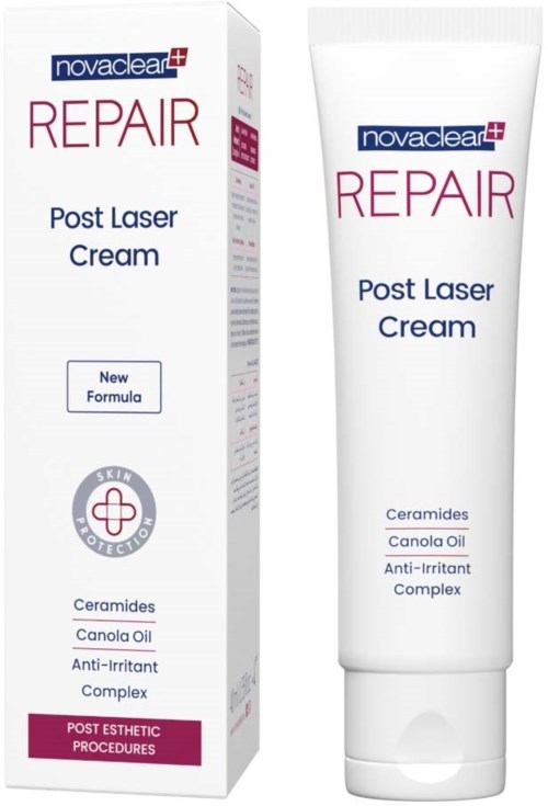 A white tube of Novaclear Repair Post Laser Cream with its box, showing ingredients and benefits for skin repair.
