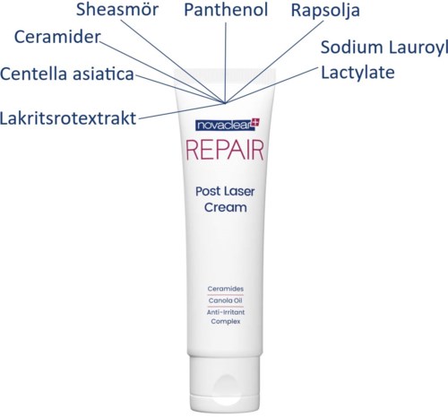 A tube of post-laser face cream with ingredients like ceramides and centella asiatica, designed for skin repair.