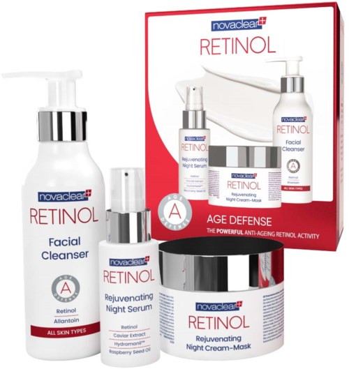 Eine Hautpflegeserie mit Reinigung, Nachtserum, Nachtcreme-Maske und Verpackung, für Anti-Aging.
