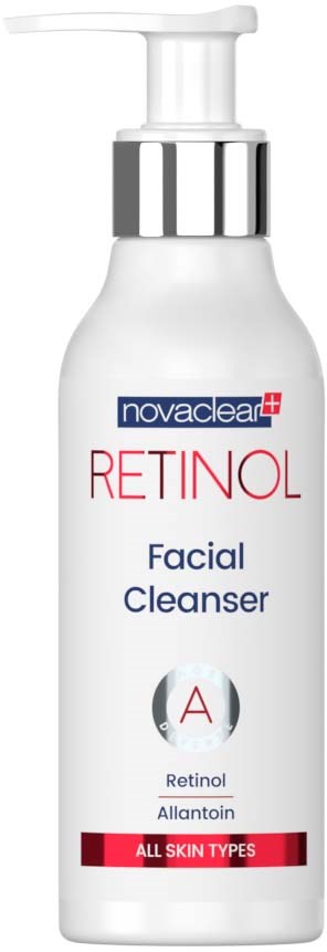 Eine weiße Flasche mit Pumpe, beschriftet 'Retinol Facial Cleanser' für alle Hauttypen, von Novacare.