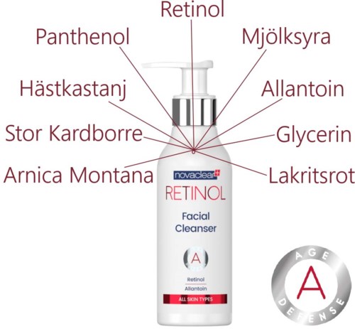 Ein Gesichtsreinigungsmittel in einer weißen Flasche mit Pumpfunktion, zeigt Inhaltsstoffe wie Retinol, Retinoid und Glycerin.