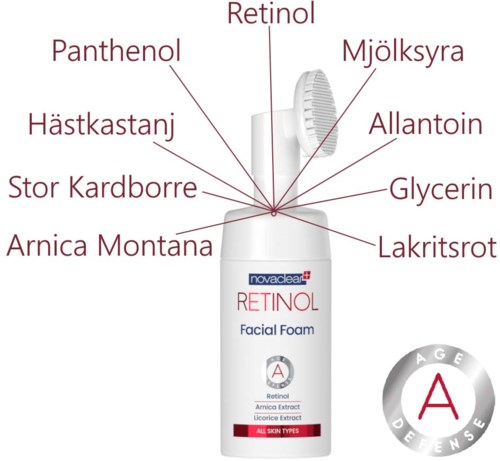 Das Bild zeigt ein Gesichtsschaumprodukt mit Zutaten wie Retinol und Glycerin.