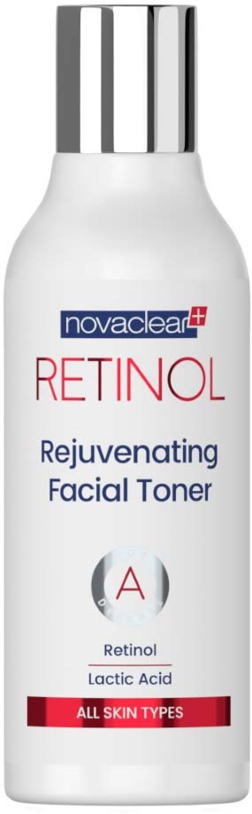 Eine weiße Flasche mit Silberkappe, beschriftet als Novaclear Retinol Verjüngendes Gesichtswasser für alle Hauttypen.