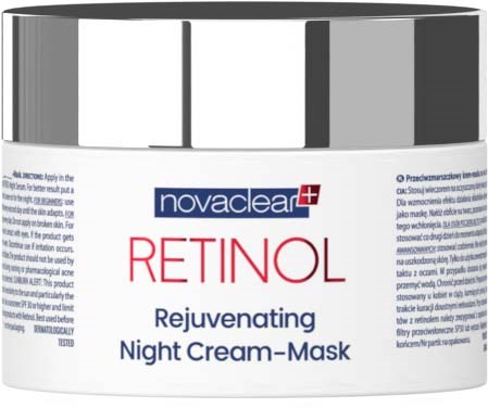 Ein Glas mit Novaclear Retinol Night Cream-Mask mit weißem, roten und blauen Etikett.