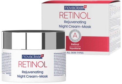 Eine Packung und ein Glas mit Retinol Night Cream-Mask, für alle Hauttypen, mit Rot- und Weißverpackung.