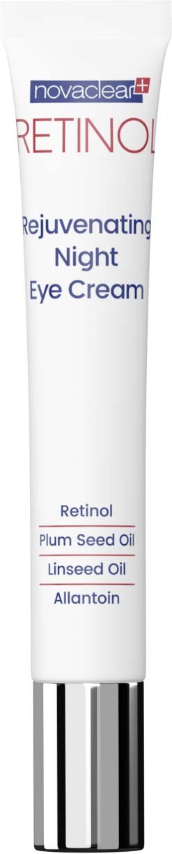 Eine weiße Tube enthält Rejuvenating Night Eye Cream mit Retinol, Pflaumenkernöl, Leinöl und Allantoin.