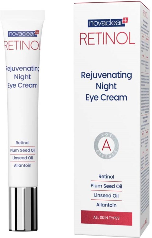 Eine Tube mit Rejuvenating Night Eye Cream neben ihrer Verpackung, zeigt Inhaltsstoffe wie Retinol, Plum Seed Oil und Allantoin.