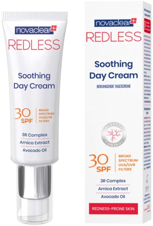 Een tube en doos van Novaclear Redless Soothing Day Cream met SPF 30, bedoeld voor rood of gevoelig huid.
