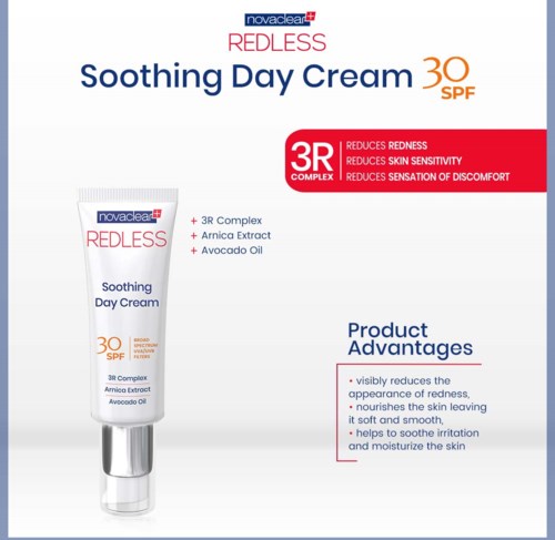 De afbeelding toont een kalmerende dagcrème met SPF 30, die roodheid, huidgevoeligheid en comfortvoordelen benadrukt.