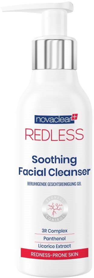 A white bottle with a pump contains Novacare Redless Soothing Facial Cleanser for red, sensitive skin.