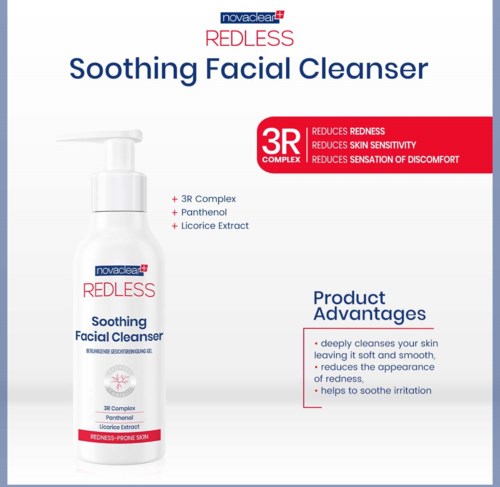 Facial cleanser with ingredients to reduce redness, sensitivity, and discomfort, gently cleanses and soothes skin.