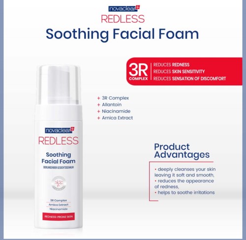 A skincare product bottle called Redless Soothing Facial Foam with benefits like reducing redness and soothing skin.