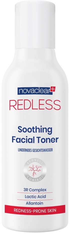 Eine weiße Flasche mit der Aufschrift 'Redness Prone Skin' und Inhaltsstoffen wie Milchsäure und Allantoin zur Beruhigung der Haut.