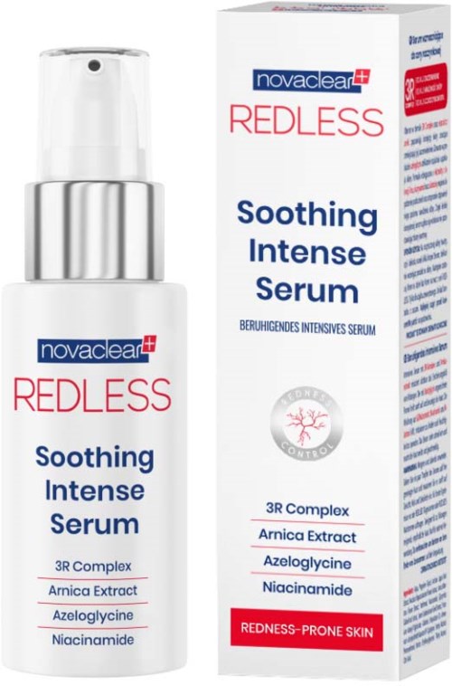 A skincare product called Redless Soothing Intense Serum with ingredients like Arnica extract, Azeolcygine, and Niacinamide in a white bottle.