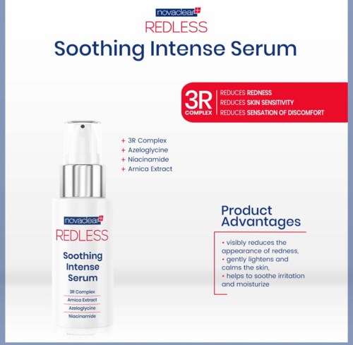 The packaging describes a soothing serum with ingredients like 3R Complex, Arnica and Niacinamide, emphasizing redness reduction and calming.