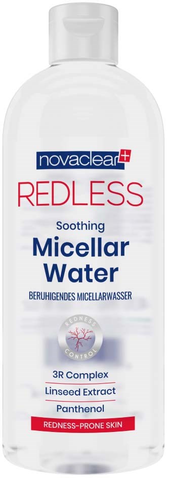 A clear bottle with a white cap, labeled 'Redless Soothing Micellar Water' for sensitive, red-prone skin, with key ingredients listed.