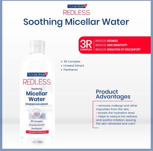 A bottle of soothing micellar water with product benefits listed on the right side.