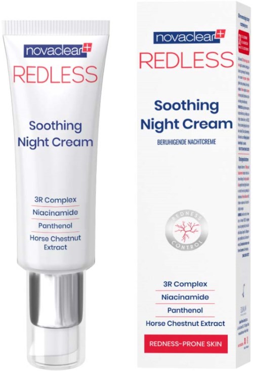 A white tube and box with blue and red text for Novaclear Redless Soothing Night Cream. Contains ingredients like niacinamide and horse chestnut.