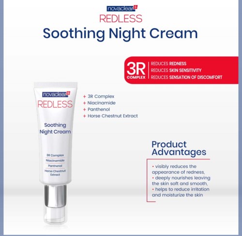 A white tube of soothing night cream with red and blue text, highlighting skin benefits and key ingredients.