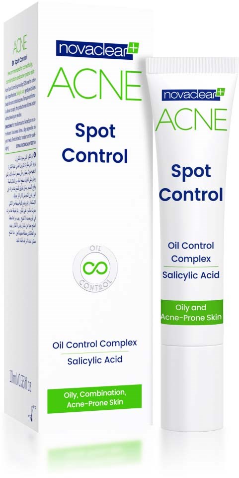 A box and tube of acne spot control cream with salicylic acid, for oily and acne-prone skin.