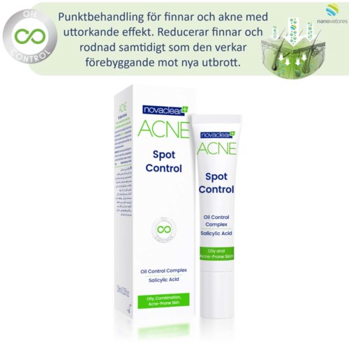 A skincare product named Novaclear ACNE Spot Control, with a box and tube, designed for oily and acne-prone skin.