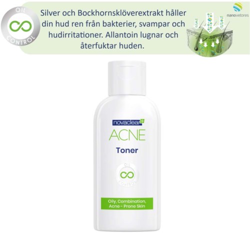 En vit flaska märkt 'ACNE Toner' för fet och aknebenägen hud, med grön och lila text, visar produktens syfte.
