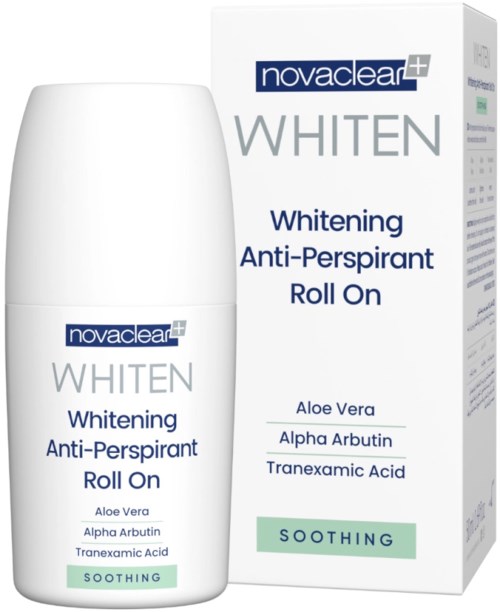 A whitening roll-on deodorant with aloe vera, alpha arbutin, and tranexamic acid, for soothing and anti-perspirant benefits.