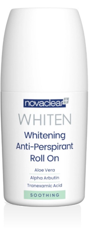 A white roll-on deodorant bottle with blue and green labels, branding, and product details for whitening and soothing effects.