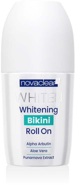 Eine weiße Roll-On-Flasche mit der Aufschrift 'Whiten Bikini' mit Inhaltsstoffen wie Aloe Vera und Mandelöl.