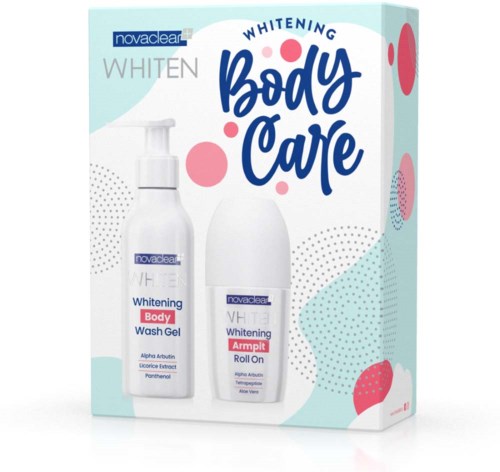 Eine Box mit bleichenden Körperpflegeprodukten, einschließlich Waschgel und Roll-On für Achseln, mit blauer und pinker Gestaltung.