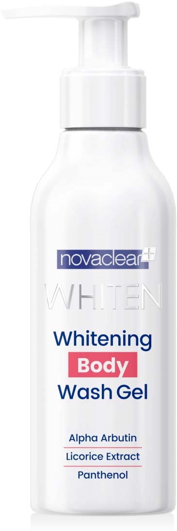 Eine weiße Flasche mit Body Wash Gel und Pumpe, markiert für Aufhellung, enthält Alpha Arbutin und Licorice-Extrakt.