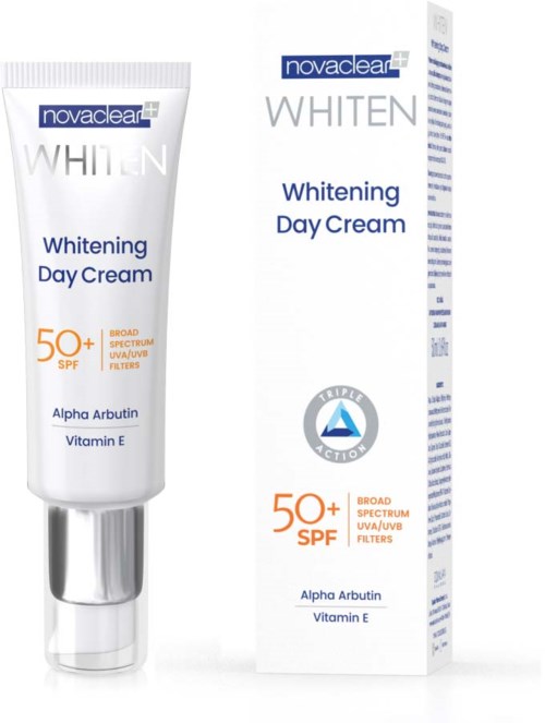 Eine weiße Tube mit 'Whitening Day Cream' und SPF, und eine passende Verpackung.