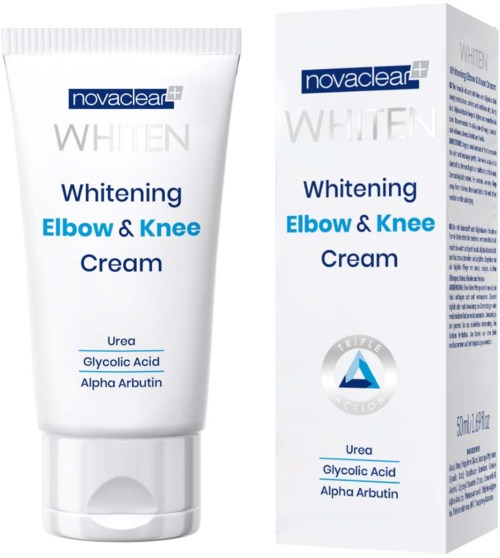 Eine weiße Tube und Box des Novaclear Whitening Elbow & Knee Cream mit Zutaten auf der Box.