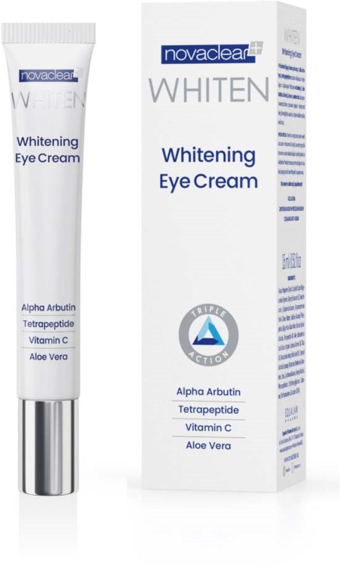 Eine Tube und eine Schachtel mit aufhellender Augencreme mit Inhaltsstoffen wie Aloe Vera und Vitamin C. Marke ist Novaclear.