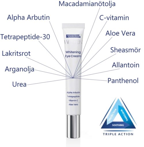 Eine weiße Tube mit Augencreme, bezeichnet 'Whitening Eye Cream', mit Inhaltsstoffnamen und einem blauen Dreieck-Logo.