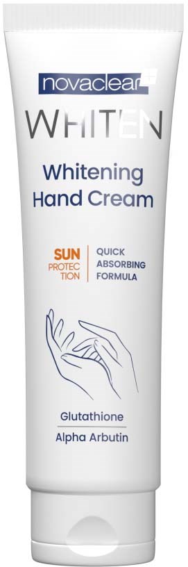 Eine weiße Handcremetube mit blauer und orange Text, zeigt Sonnenschutz und Inhaltsstoffe.