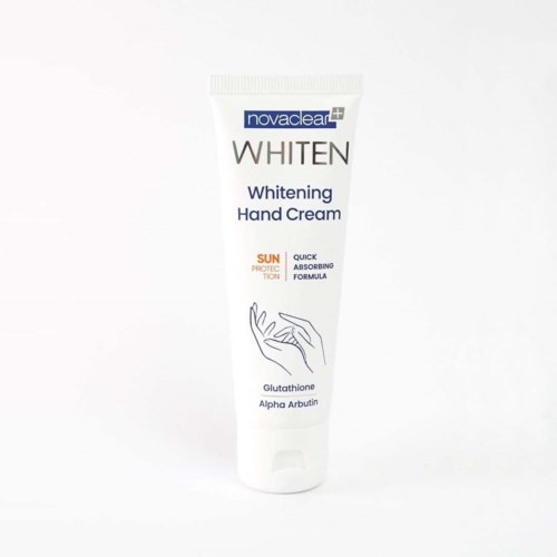 Eine weiße Tube mit der Aufschrift 'Whiten Hand Cream', zeigt eine Handillustration, schützt vor Sonne, enthält Glutathion.