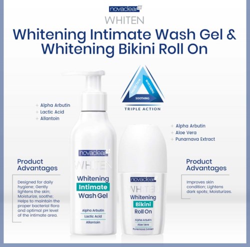 Ein Produktetikett für aufhellendes Intimreinigungsgel und Bikini-Roll-On mit Zutaten und Vorteilen.