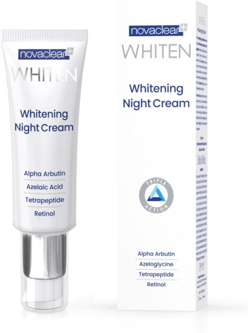 Eine weiße Tube und eine Schachtel zeigen ein Hautpflegeprodukt namens Whitening Night Cream mit aufgelisteten Inhaltsstoffen.